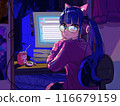 A girl with cat ear headphones and a pigtails wearing a tracksuit and a nostalgic club with a closet that holds a computer 116679159