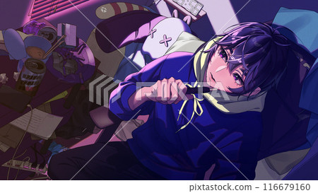 A cool guy smoking a cigarette in a messy room early in the morning 116679160