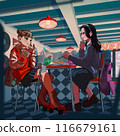 A female student eating a hamburger and drinking a cream soda at a diner 116679161