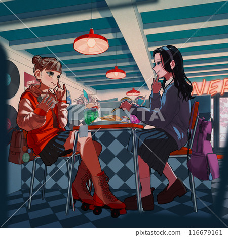 A female student eating a hamburger and drinking a cream soda at a diner 116679161