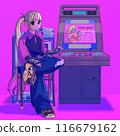 A girl in Y2K fashion with blonde twintails playing a retro game console 116679162