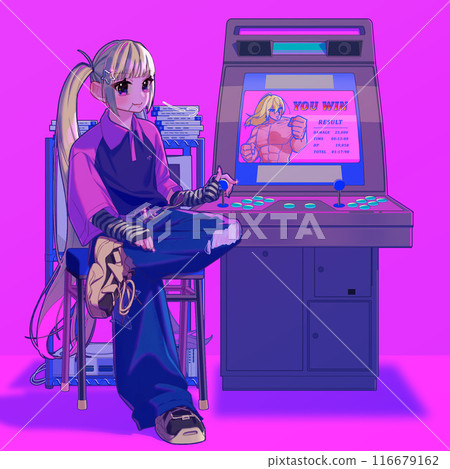 A girl in Y2K fashion with blonde twintails playing a retro game console A girl in Y2K fashion with blonde twintails playing a retro game console 116679162