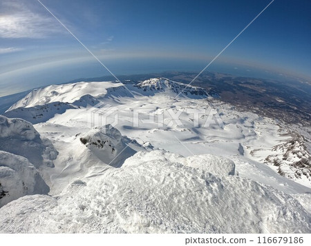 Mt. Inakura and the Sea of Japan from the summit of Mt. Chokai in winter Mt. Inakura and the Sea of Japan from the summit of Mt. Chokai in winter 116679186