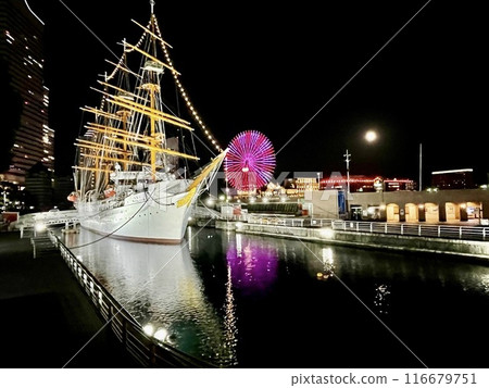 The illuminated Nippon Maru and the night sky with a full moon 116679751