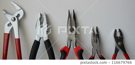 Top parts of variety types of pliers lined up in size comparison 116679766
