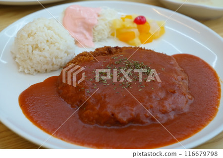 Pork cutlet with sauce and rice on white plate. Pork cutlet with sauce and rice on white plate. 116679798