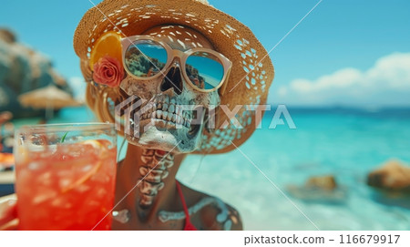 skeleton sunbathes by the sea and drinks cocktails skeleton sunbathes by the sea and drinks cocktails 116679917