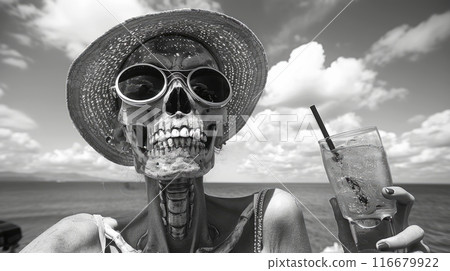 skeleton sunbathes by the sea and drinks cocktails skeleton sunbathes by the sea and drinks cocktails 116679922