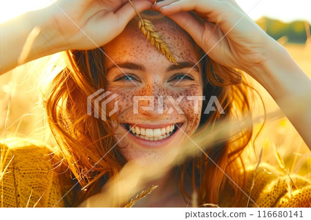 A woman with red hair and freckles smiles in a wheat field 116680141