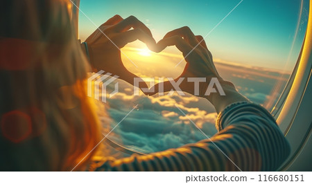 A woman making heart shape with hands looking out of airplane window 116680151