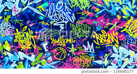 Trendy Abstract Hip Hop Urban Street Art Graffiti Style Vector Illustration Background Template 116680177