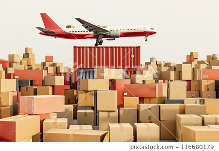 Aircraft is flying over a stack of cardboard boxes 116680179
