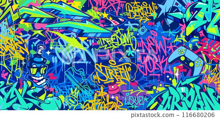 Trendy Abstract Hip Hop Urban Street Art Graffiti Style Vector Illustration Background Template Trendy Abstract Hip Hop Urban Street Art Graffiti Style Vector Illustration Background Template 116680206