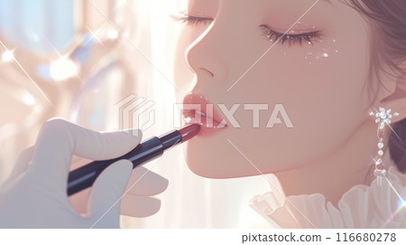 A woman is getting her lips painted in a salon 116680278