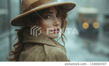 female portrait in the city in winter 116680307