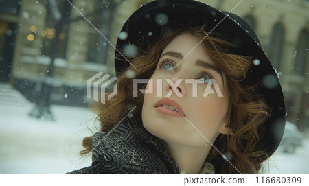 female portrait in the city in winter female portrait in the city in winter 116680309