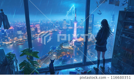 a woman looks out the window at a thunderstorm in the city 116680351