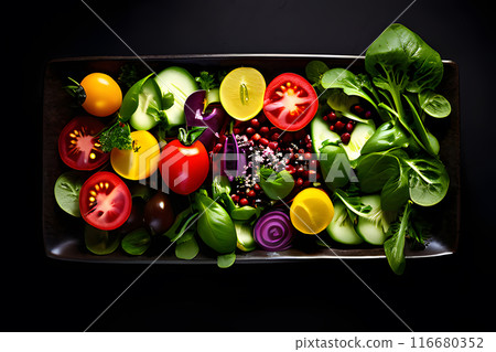 Vegetable salads placed on a dark wooden table near a window 116680352