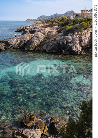 Spain Mediterranean Sea, Majorca beach of Playa de Son Mol beautiful seaside bay, Balearic Islands. Spain Mediterranean Sea, Majorca beach of Playa de Son Mol beautiful seaside bay, Balearic Islands. 116680873