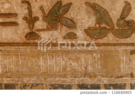 Ancient egyptian hieroglyphs carved on the stone wall Ancient egyptian hieroglyphs carved on the stone wall 116680905
