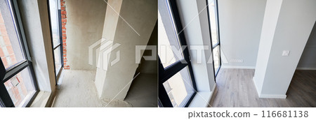 Empty apartment room with plastic windows before and after restoration. Comparison of old apartment and new flat with parquet floor and white walls. Home renovation concept. Empty apartment room with plastic windows before and after restoration. Comparison of old apartment and new flat with parquet floor and white walls. Home renovation concept. 116681138