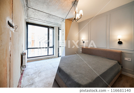 Comparison of bedroom with large panoramic window before and after renovation. Photo collage of old apartment before restoration and new renovated flat with bed and elegant interior design. Comparison of bedroom with large panoramic window before and after renovation. Photo collage of old apartment before restoration and new renovated flat with bed and elegant interior design. 116681140
