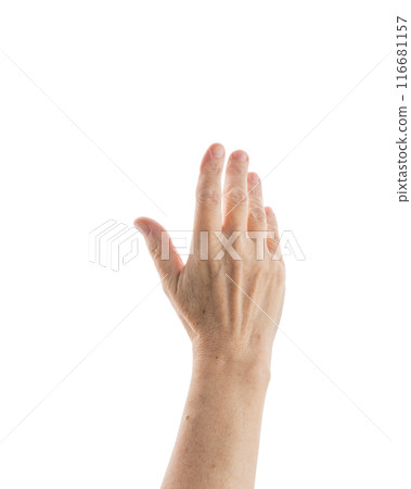 Mid aged woman hand touch screen gesture isolated on white background Mid aged woman hand touch screen gesture isolated on white background 116681157