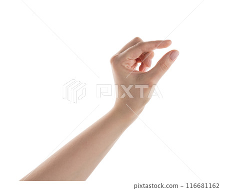 Female hand pick something isolated on white 116681162