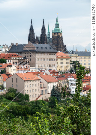 Cityscape view of Prague castle and Mala strana historic district, view from the Strahov monastery, in Prague capital of Czech republic Cityscape view of Prague castle and Mala strana historic district, view from the Strahov monastery, in Prague capital of Czech republic 116681740