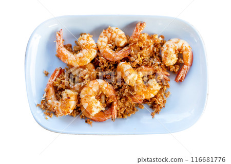 Top view of Fried River Prawn with Garlic and Pepper, focus selective Top view of Fried River Prawn with Garlic and Pepper, focus selective 116681776