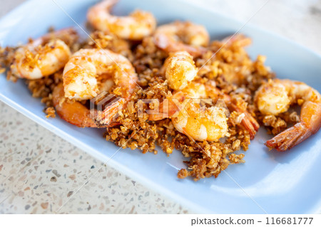 Top view of Fried River Prawn with Garlic and Pepper, focus selective Top view of Fried River Prawn with Garlic and Pepper, focus selective 116681777