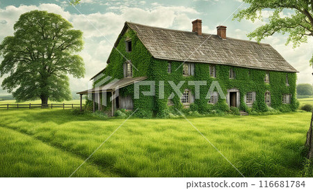 A small house on a hill with green grass 116681784