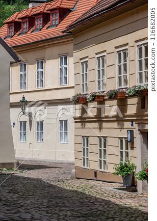 Narrow cobblestone streets and old houses in the Novy Svet quarter of the Hradcany historical district in Prague, Czech Republic Narrow cobblestone streets and old houses in the Novy Svet quarter of the Hradcany historical district in Prague, Czech Republic 116682005