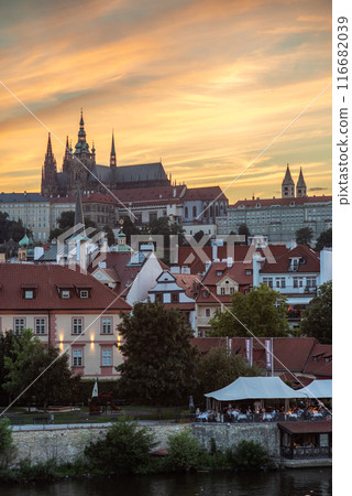 Colorful sunset view of Prague castle, Vltava river and Mala strana district in Prague, capital of Czech republic 116682039