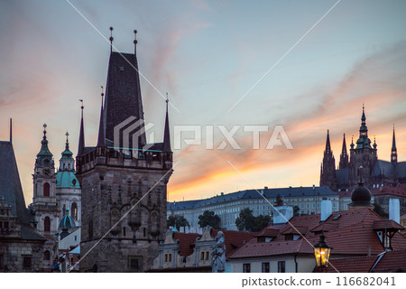 Colorful sunset view of Prague castle and Mala strana district in Prague, capital of Czech republic 116682041