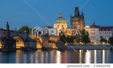 Evening view of the iconic Charles Bridge over Vltava river and Prague Old town cityscape, in Prague, Czech Republic 116682046