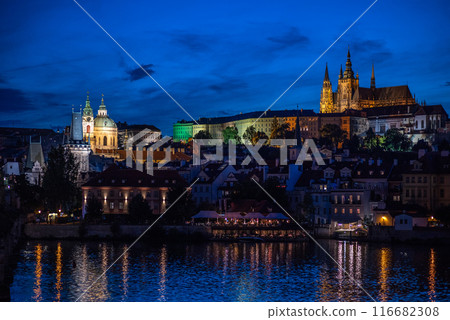 Cityscape evening view of Prague castle, Vltava river and Mala strana district in Prague, capital of Czech republic Cityscape evening view of Prague castle, Vltava river and Mala strana district in Prague, capital of Czech republic 116682308