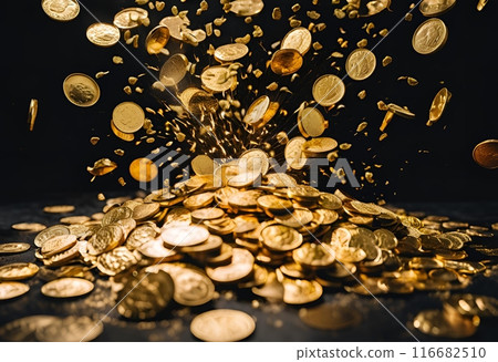 A huge amount of gold coins bursting into the darkness 116682510