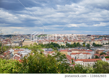 Cityscape view of Prague, capital of Czech republic, view from the Petrin hill park 116682603