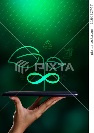 Sustainable business with the planet through renewable energy and green CO2 emissions, whereby using renewable energy can limit climate change and global warming. 116682747