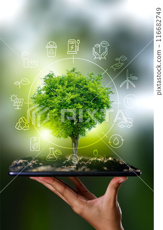 Sustainable business with the planet through renewable energy and green CO2 emissions, whereby using renewable energy can limit climate change and global warming. 116682749