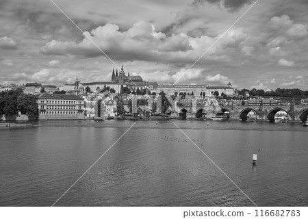 Cityscape view of Prague castle, Vltava river and Mala strana district in Prague, capital of Czech republic 116682783