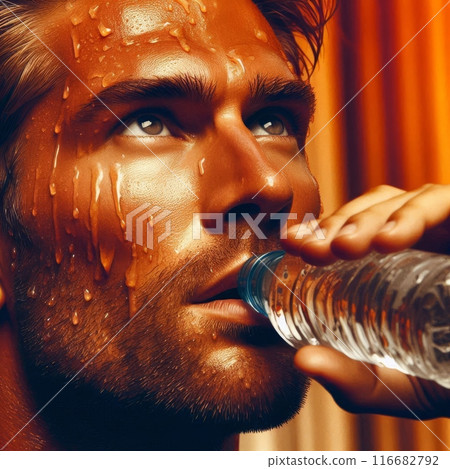 A man drinking water suffering from the heat 116682792