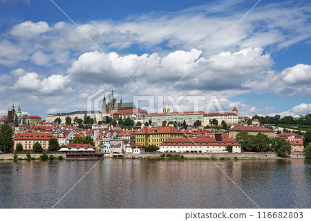Cityscape view of Prague castle, Vltava river and Mala strana district in Prague, capital of Czech republic 116682803
