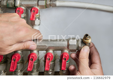 Water supply system distribution manifold installation, modular collector with shut-off valves. 116682979
