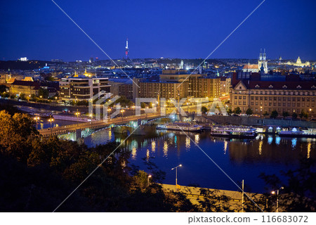 Aerial cityscape evening view of Prague, capital city of Czech Republic, view from Letna park 116683072