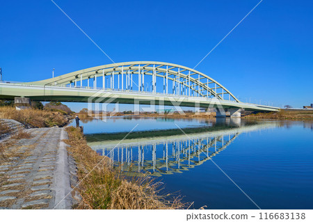 View of the Tama Aqueduct reflected on the Tama River from near Inada Tamagawa Park in Tama Ward, Kawasaki City View of the Tama Aqueduct reflected on the Tama River from near Inada Tamagawa Park in Tama Ward, Kawasaki City 116683138