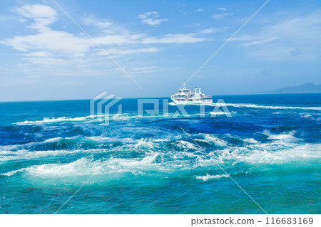 Naruto whirlpools and cruise ship seen from Onaruto Bridge, Tokushima Prefecture 116683169