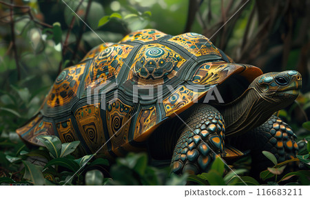 A turtle sunbathes on a rock surrounded by lush greenery and calm waters. Generate AI A turtle sunbathes on a rock surrounded by lush greenery and calm waters. Generate AI 116683211