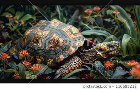A turtle sunbathes on a rock surrounded by lush greenery and calm waters. Generate AI A turtle sunbathes on a rock surrounded by lush greenery and calm waters. Generate AI 116683212